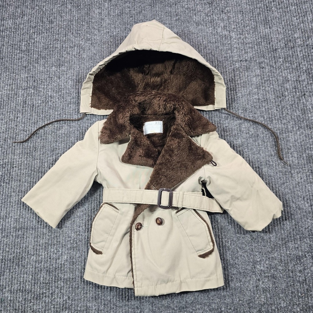 Vintage Sears Coat‎ Toddler 2T Tan Brown Faux Fur Lined Hooded Belted 80s